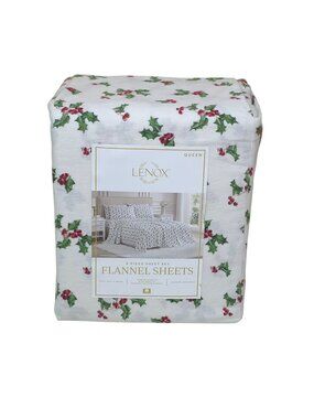 Lenox 6-Piece Queen Flannel Sheet Set With Holly Print 100% Cotton Cozy
